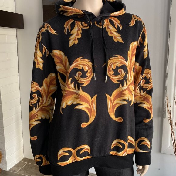 LE31 Simons Charcoal & Gold Baroque Print Pullover Hoodie - Picture 1 of 10